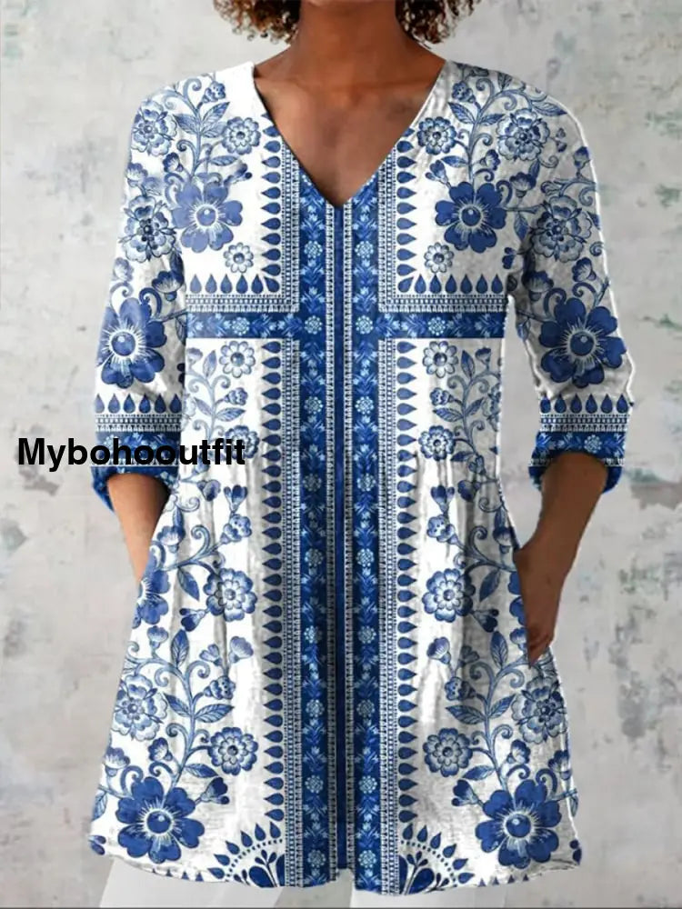 Boho Floral Print V-Neck Pattern Vintage Loose Long Sleeve Top A / S
