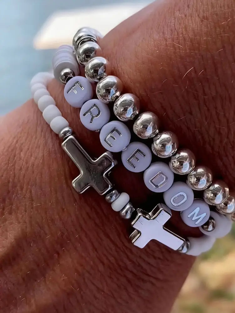 Cross & Freedom Beaded Bracelet Silver / ONE