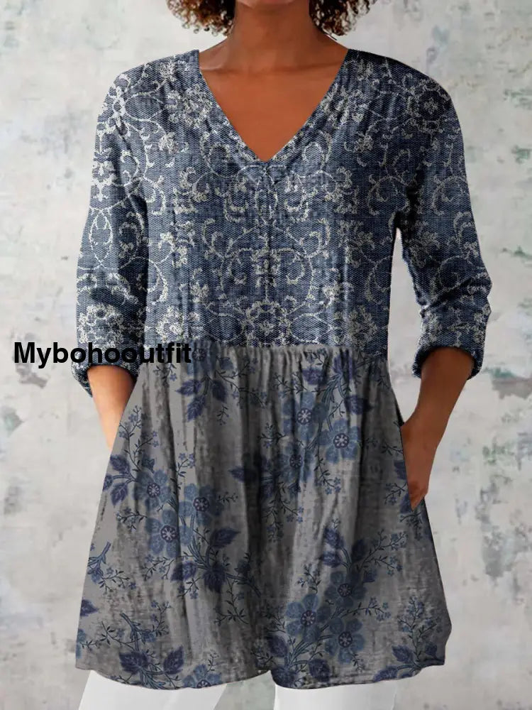 Elegant Boho Floral Print V-Neck Pattern Vintage Loose Long Sleeve Top A / S