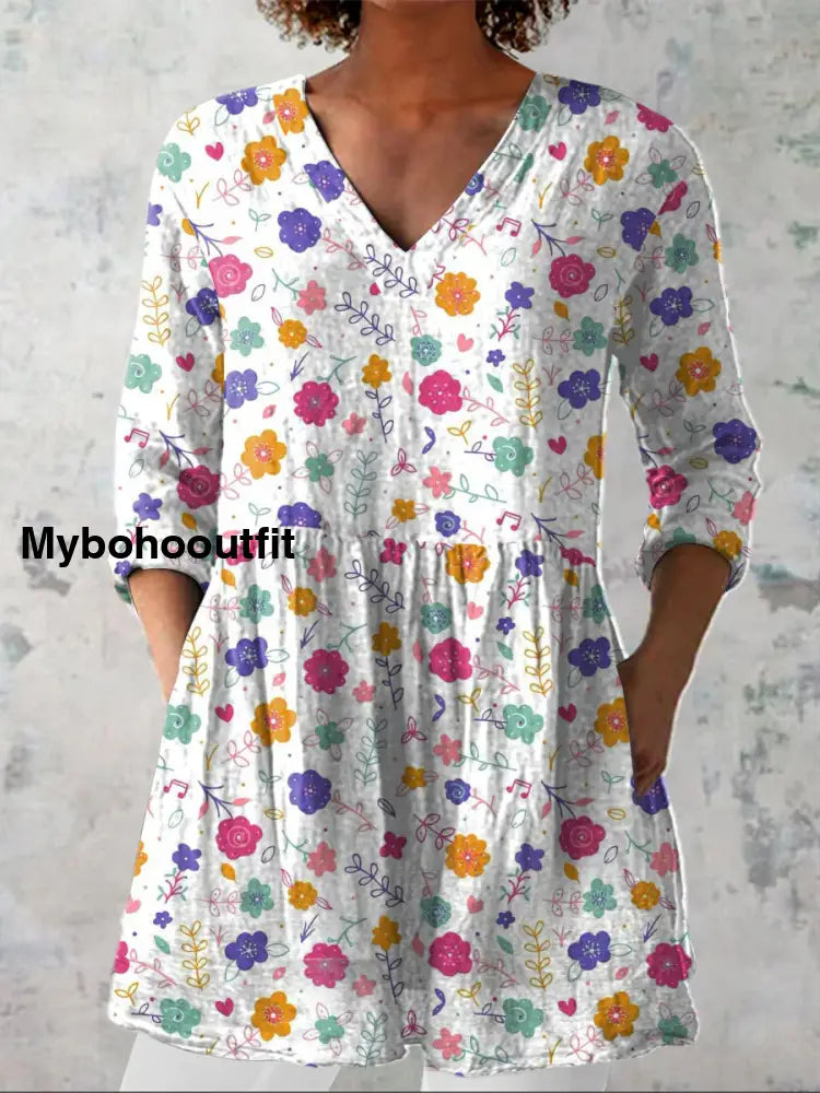 Elegant Boho Floral Print V-Neck Pattern Vintage Loose Long Sleeve Top A / S