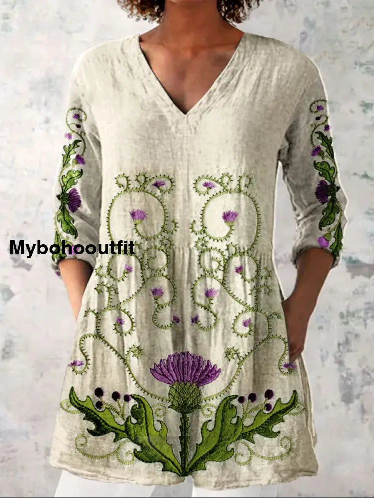 Elegant Boho Floral Print V-Neck Pattern Vintage Loose Long Sleeve Top A / S
