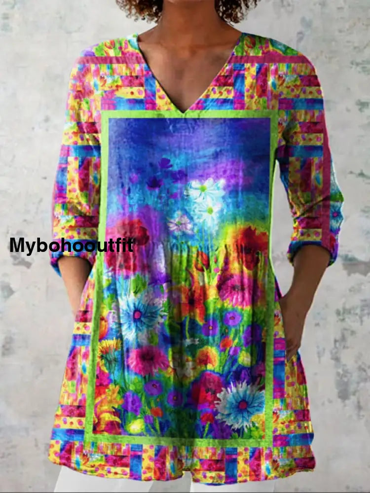 Elegant Boho Floral Print V-Neck Pattern Vintage Loose Long Sleeve Top A / S