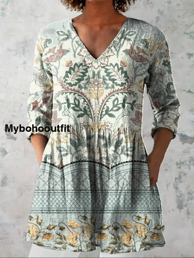 Elegant Boho Floral Print V-Neck Pattern Vintage Loose Long Sleeve Top A / S