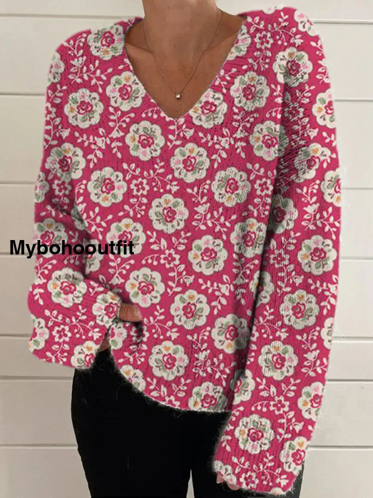 Elegant Retro Floral Print Vintage Chic V-Neck Long Sleeve Thick Knit Sweater A / S