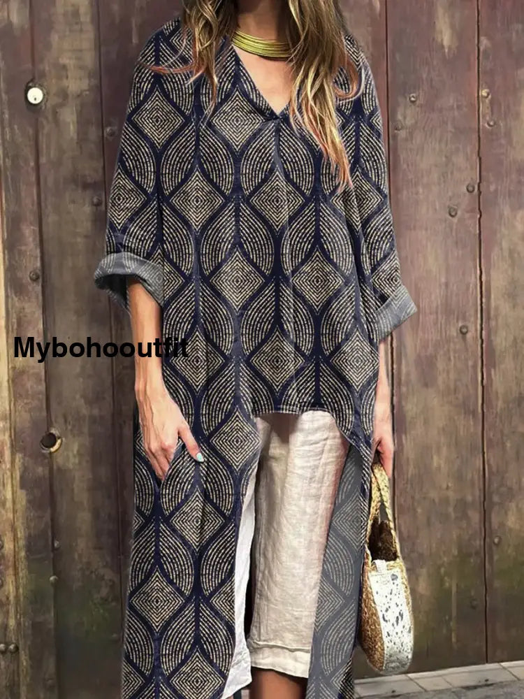 Modern Geometric Pattern Printed Women’s Short Front And Long Back V-Neck Top