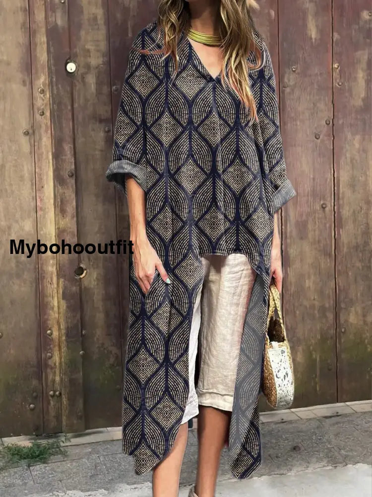 Modern Geometric Pattern Printed Women’s Short Front And Long Back V-Neck Top Multicolor / S