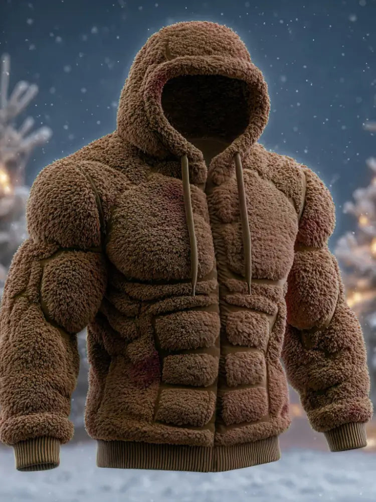 Line Art Flannel Warm Men’s Hooded Sweatshirt Brown / S