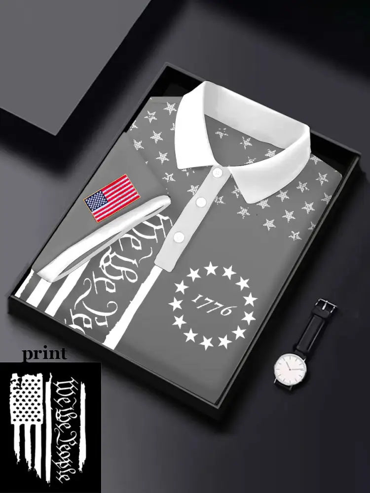 Men’s 4th of July Flag We The People Printed Casual Tops Light Gray / S