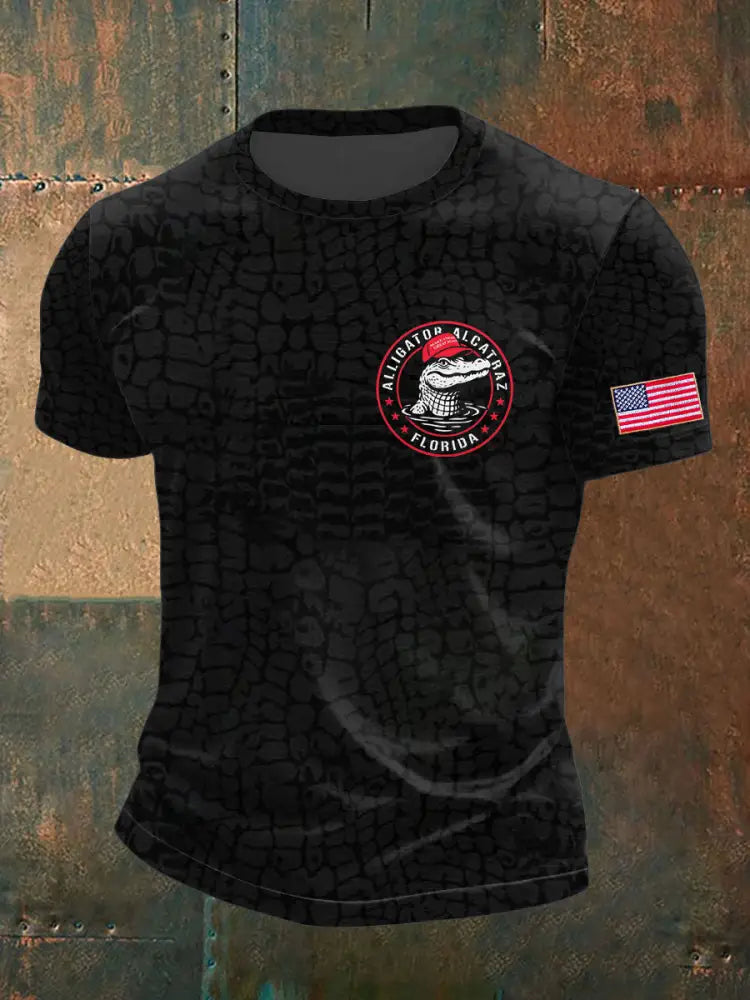 Men’s Alligator Alcatraz Funny Florida Everglades Dark Humor Printed T-shirt Black / S