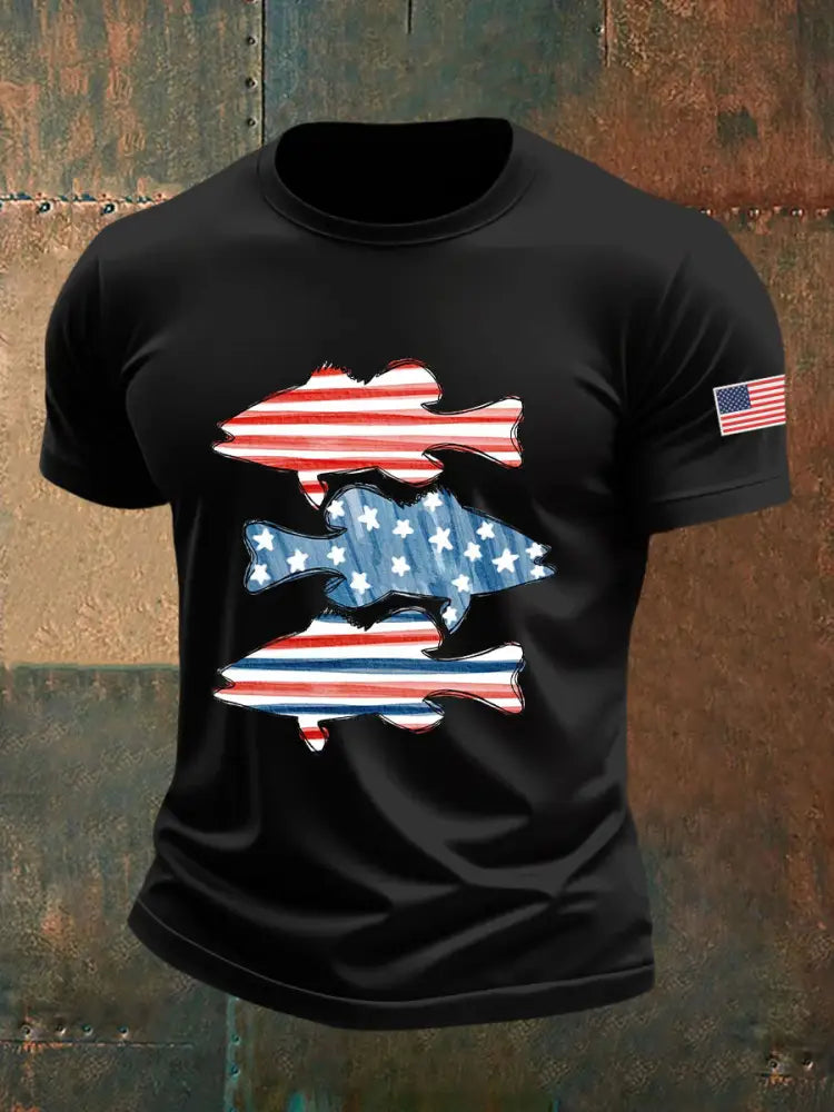 Men’s American Flag Fish Print T-Shirt Black / S