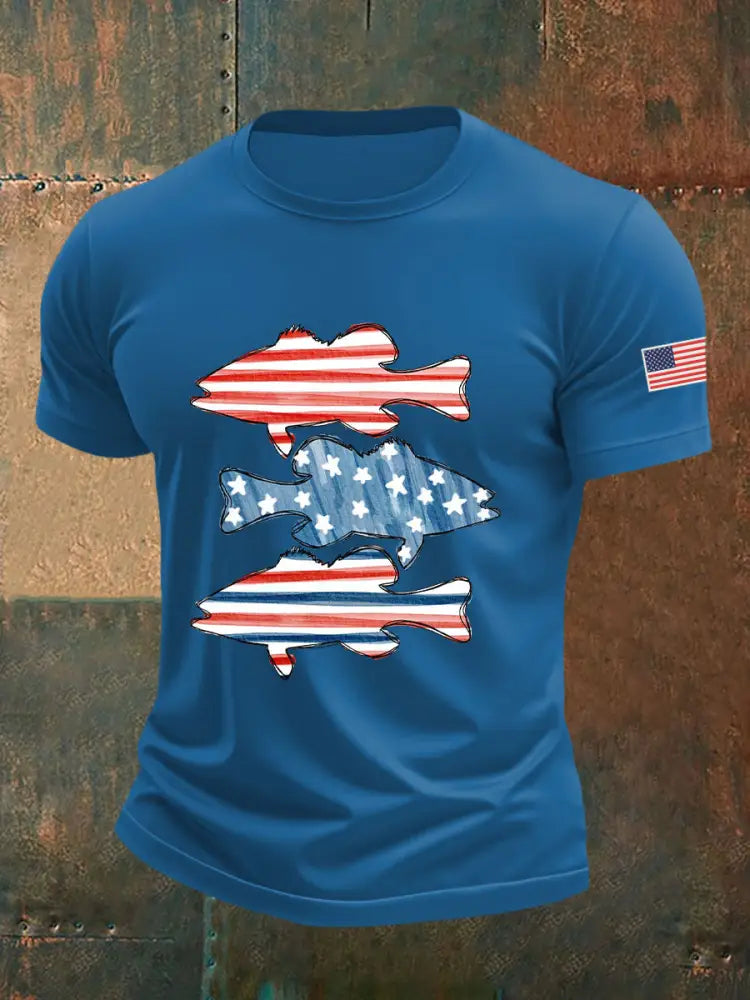 Men’s American Flag Fish Print T-Shirt Blue / S