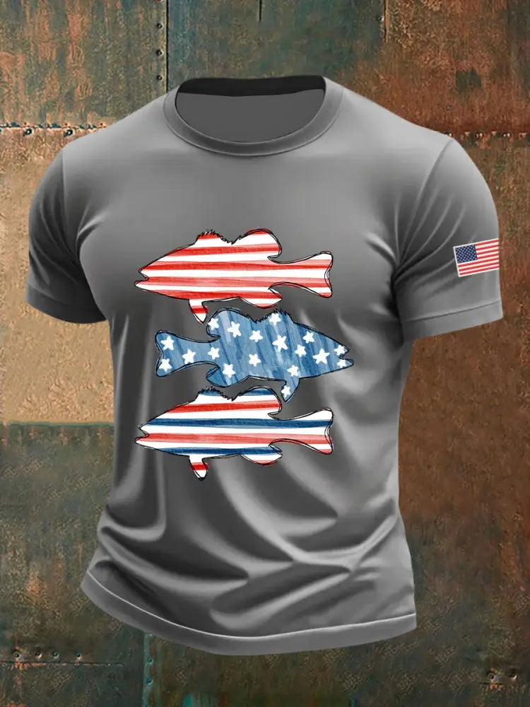 Men’s American Flag Fish Print T-Shirt Light Gray / S