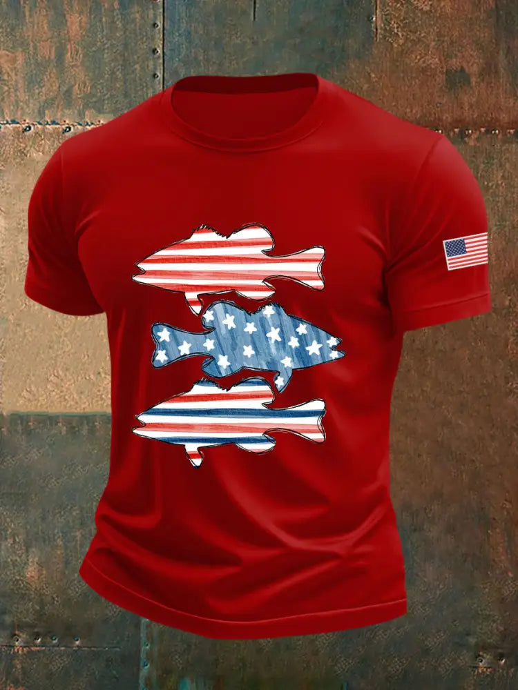 Men’s American Flag Fish Print T-Shirt Red / S