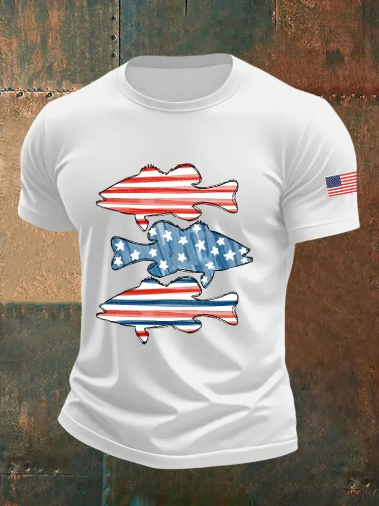 Men’s American Flag Fish Print T-Shirt White / S