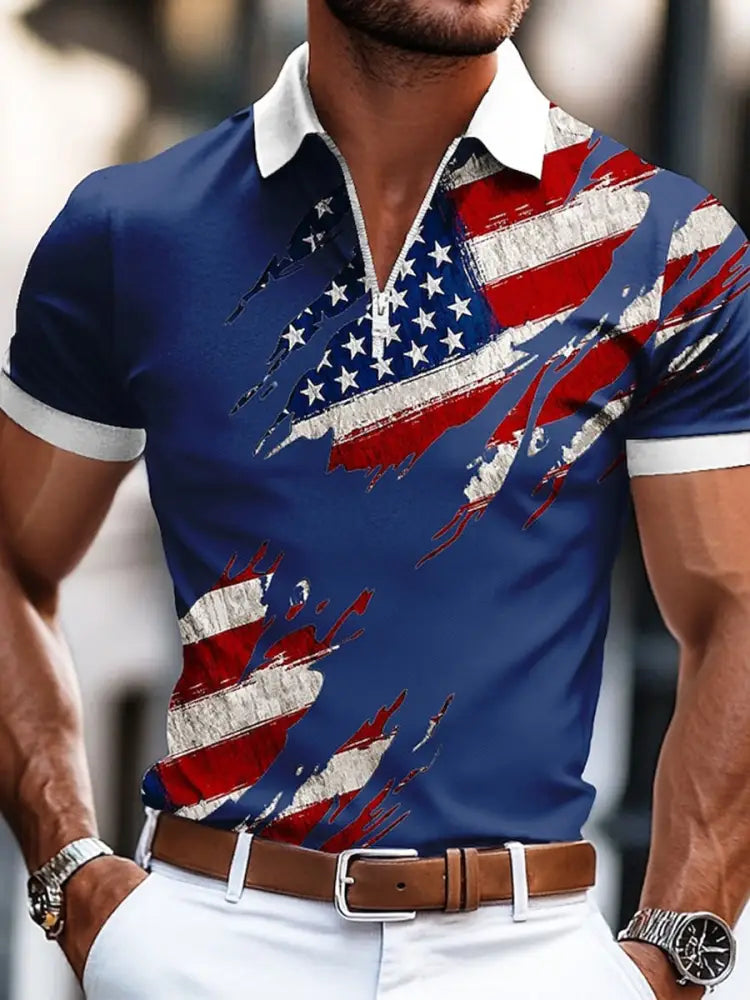 Men’s American Flag Print Casual Top Blue / S