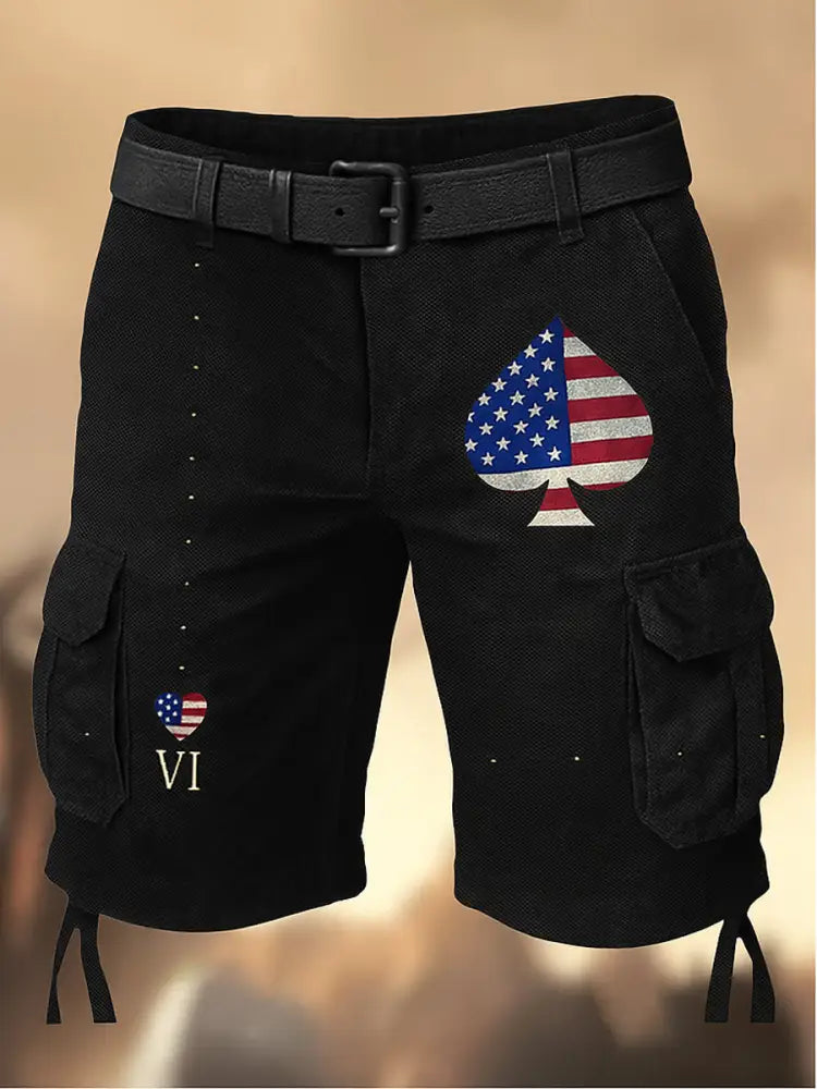 Men’s American Flag Texas Hold’em Poker Printed Texture Drawstring Pocket Casual Cargo Shorts A / M