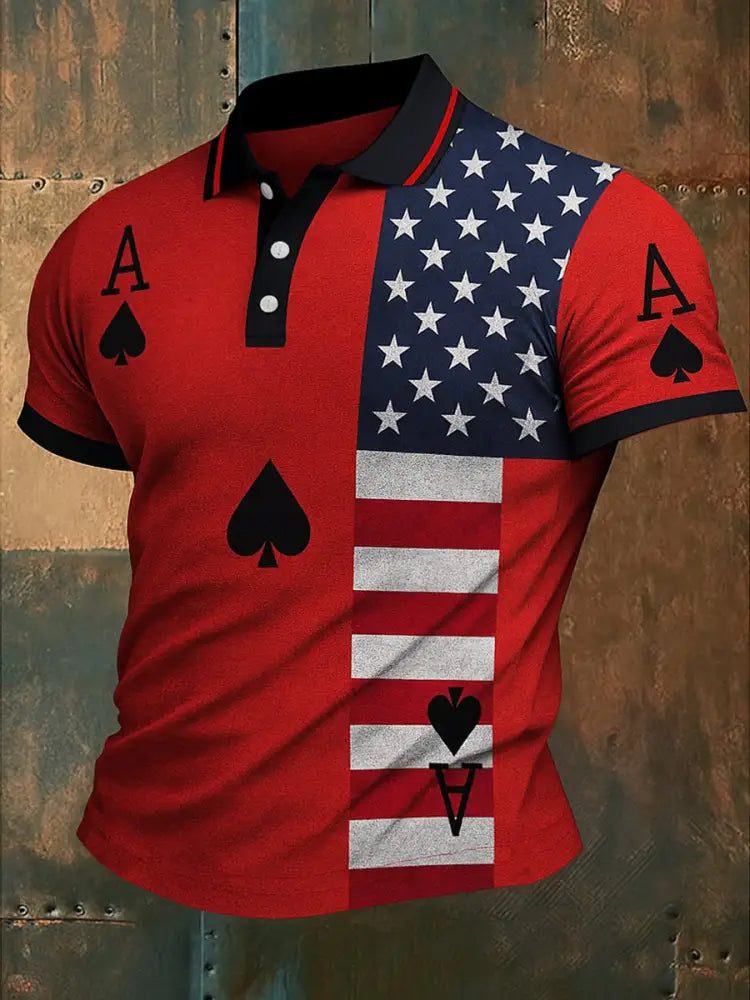 Men’s American Flag Texas Hold’em Poker Printed Waffle Texture Athletic V-Neck Short Sleeves Polo Shirt A / S