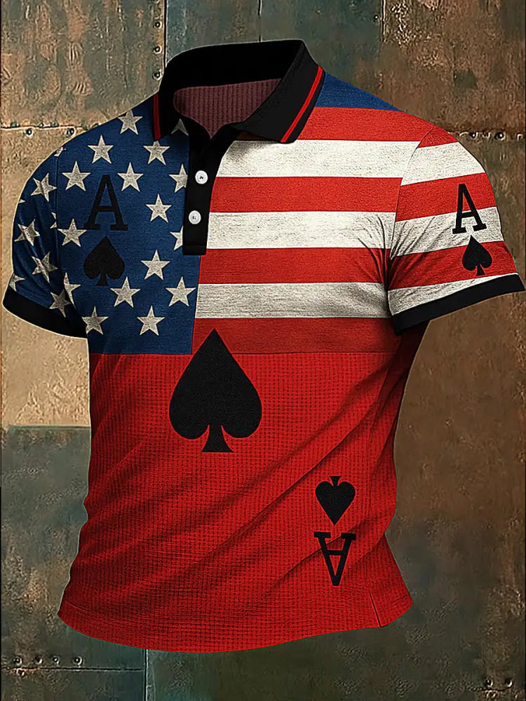 Men’s American Flag Texas Hold’em Poker Printed Waffle Texture Athletic V-Neck Short Sleeves Polo Shirt A / S