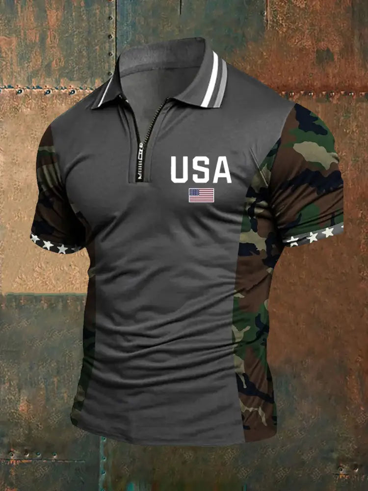 Men’s American Flag Zip-Up T-Shirt Gray / S