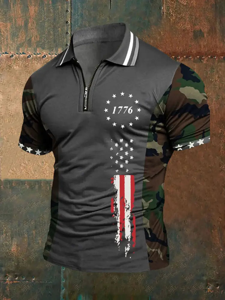 Men’s American Flag Zip-Up T-Shirt Gray / S