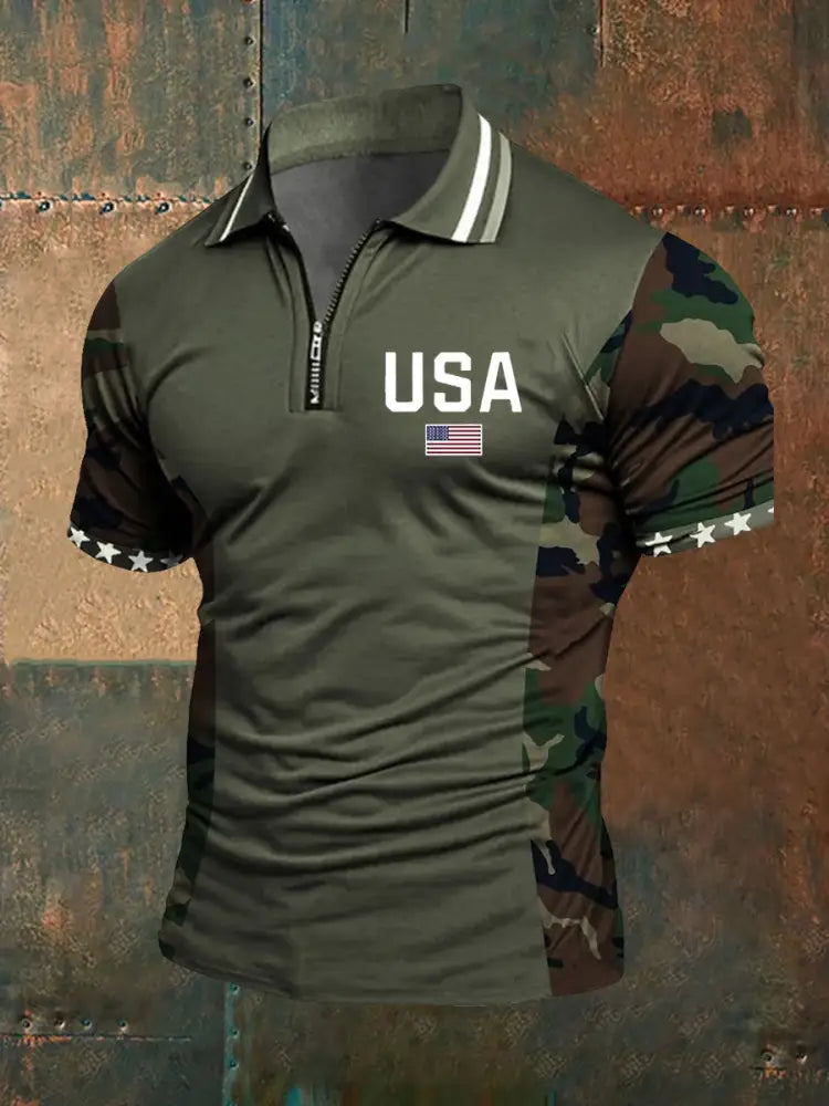 Men’s American Flag Zip-Up T-Shirt Green / S