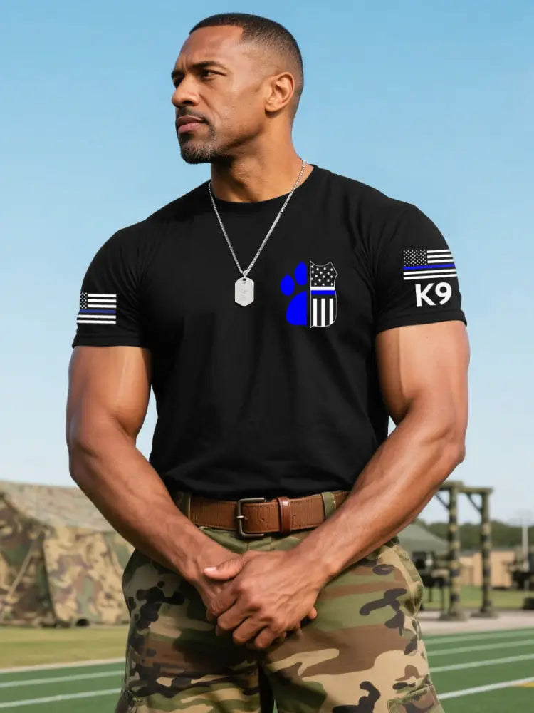 Men’s Blue Line Patriotic K9 Police Officer Dog T-Shirt