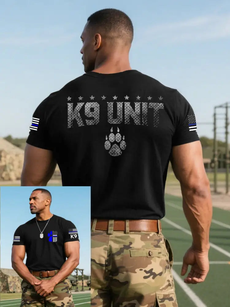 Men’s Blue Line Patriotic K9 Police Officer Dog T-Shirt Black / S