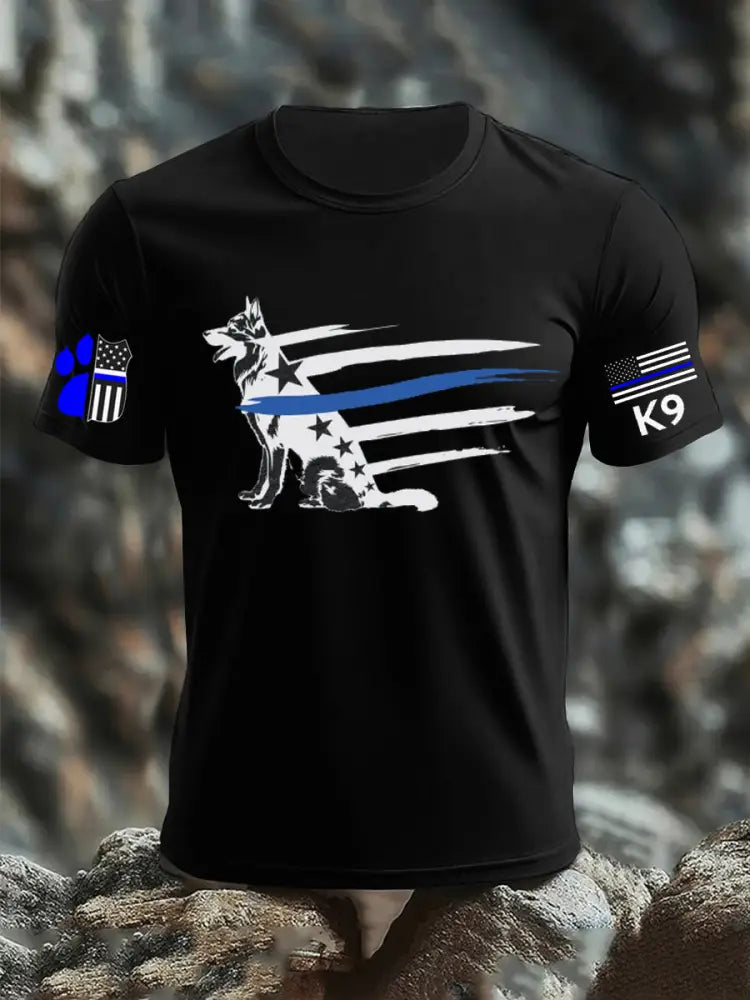 Men’s Blue Line Patriotic K9 Police Officer Dog T-Shirt Black / S