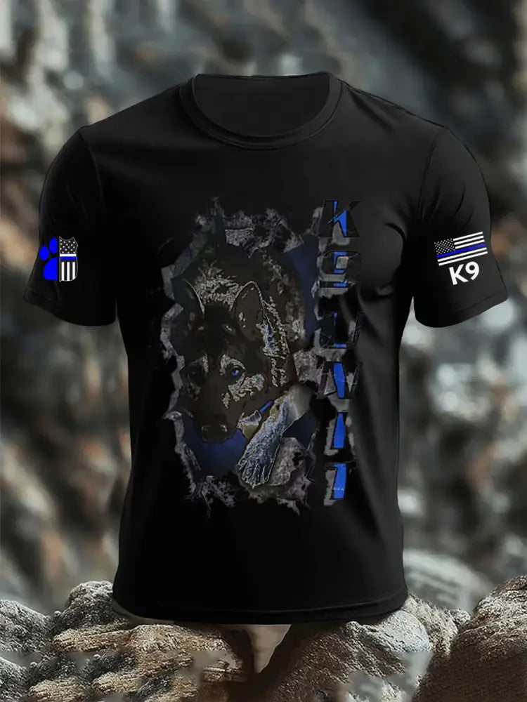Men’s Blue Line Patriotic K9 Police Officer Dog T-Shirt Black / S