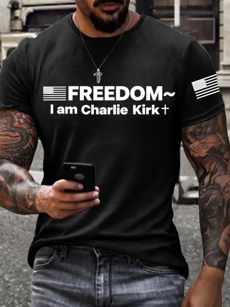 Men’s Charlie Kirk Freedom Print imitation cotton short-sleeved T-shirt Black / S