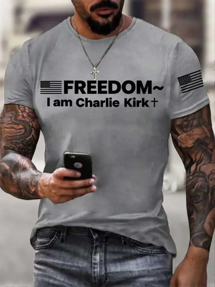 Men’s Charlie Kirk Freedom Print imitation cotton short-sleeved T-shirt Light Gray / S