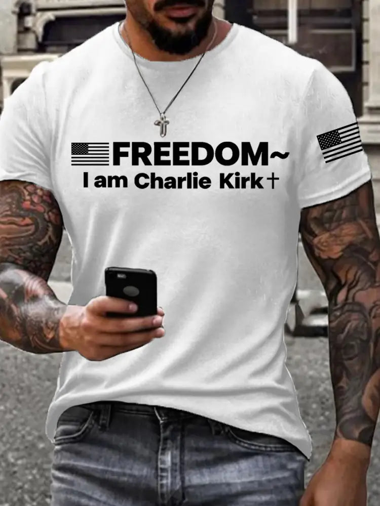Men’s Charlie Kirk Freedom Print imitation cotton short-sleeved T-shirt White / S