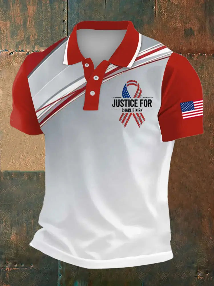 Men’s Charlie Kirk Freedom Print Polo Collar Casual Short Sleeved Shirt White-Red / S
