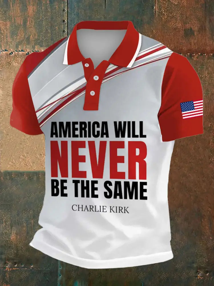 Men’s Charlie Kirk Freedom Print Polo Collar Casual Short Sleeved Shirt White-Red / S