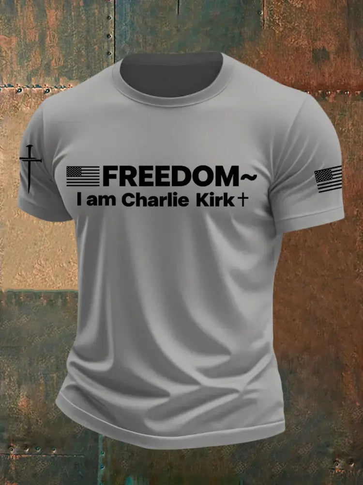 Men’s Charlie Kirk Freedom Printed imitation cotton short-sleeved T-shirt Light Gray / S