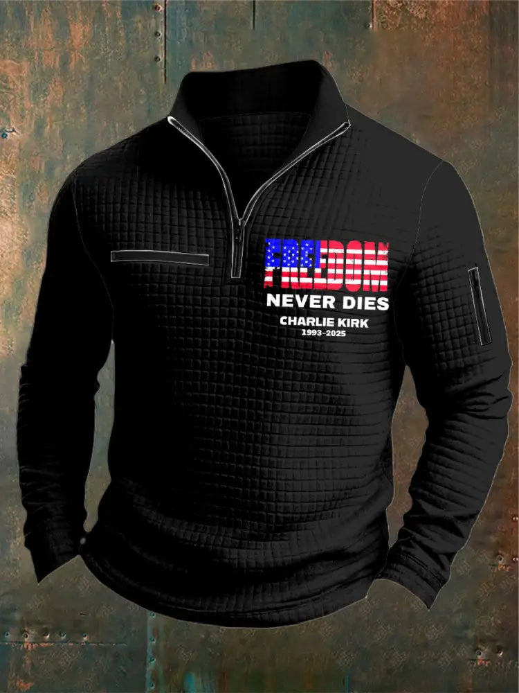 Men’s Charlie Kirk Freedom Printed Waffler Casual Zipper Sweater Black / S