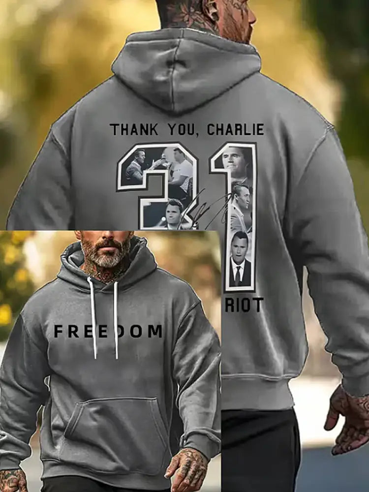 Men’s Charlie Kirk Printed Long Sleeved Hooded Sweatshirt Gray / S