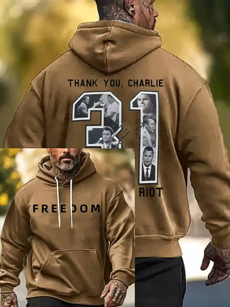 Men’s Charlie Kirk Printed Long Sleeved Hooded Sweatshirt Khaki / S