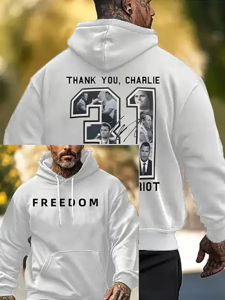 Men’s Charlie Kirk Printed Long Sleeved Hooded Sweatshirt White / S