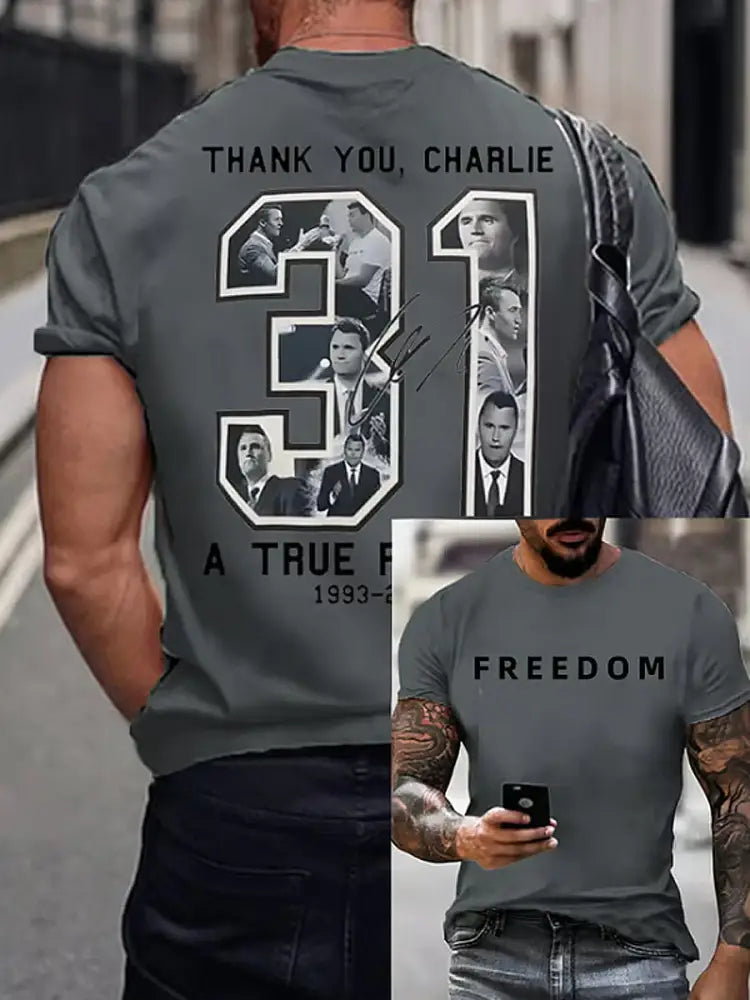 Men’s Charlie Kirk Printed Vintage Fashion Loose Short Sleeve T-Shirt Gray / S