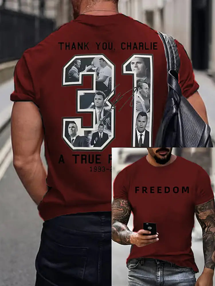 Men’s Charlie Kirk Printed Vintage Fashion Loose Short Sleeve T-Shirt Red / S