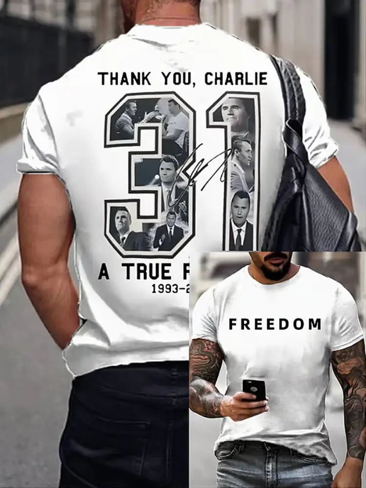 Men’s Charlie Kirk Printed Vintage Fashion Loose Short Sleeve T-Shirt White / S