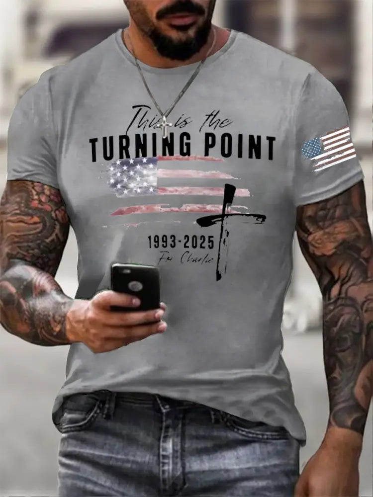 Men’s Charlie Kirk Turning Point imitation cotton short-sleeved T-shirt Light Gray / S