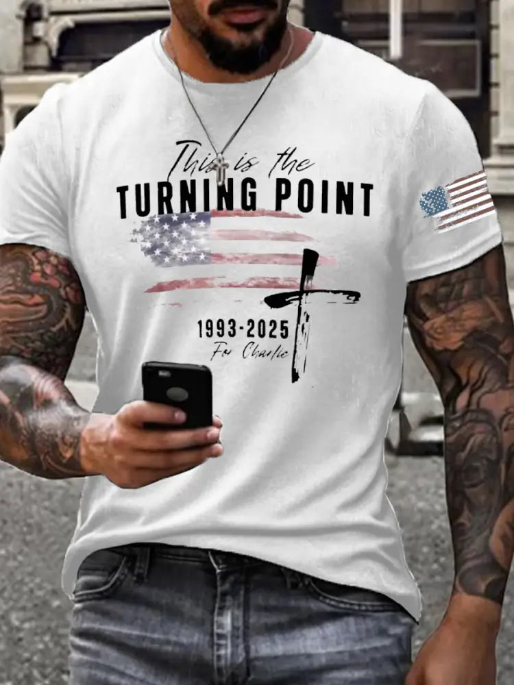 Men’s Charlie Kirk Turning Point imitation cotton short-sleeved T-shirt White / S
