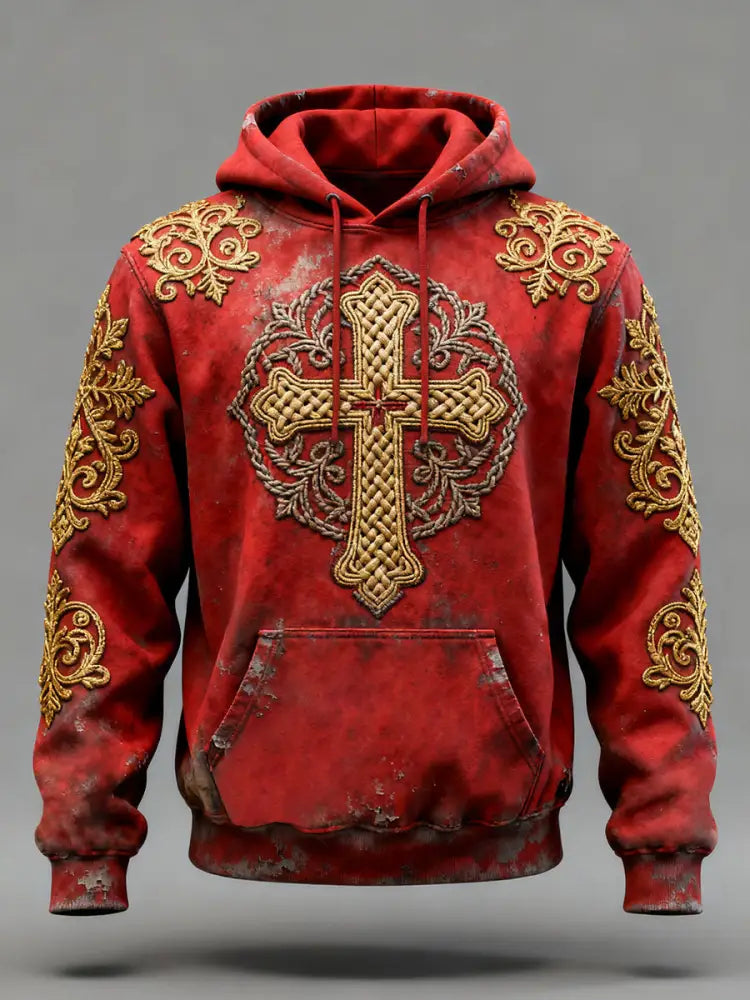 Men’s Cross Print Casual Hoodie Red / S