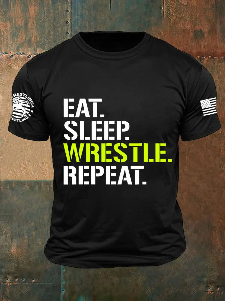 Men’s eat.sleep.wrestle.repeat. T-shirts Black / S