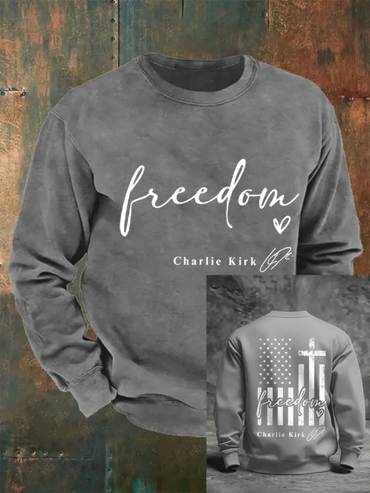 Men’s Freedom Charlie Kirk USA Flag Print Sweatshirt Light Gray / S