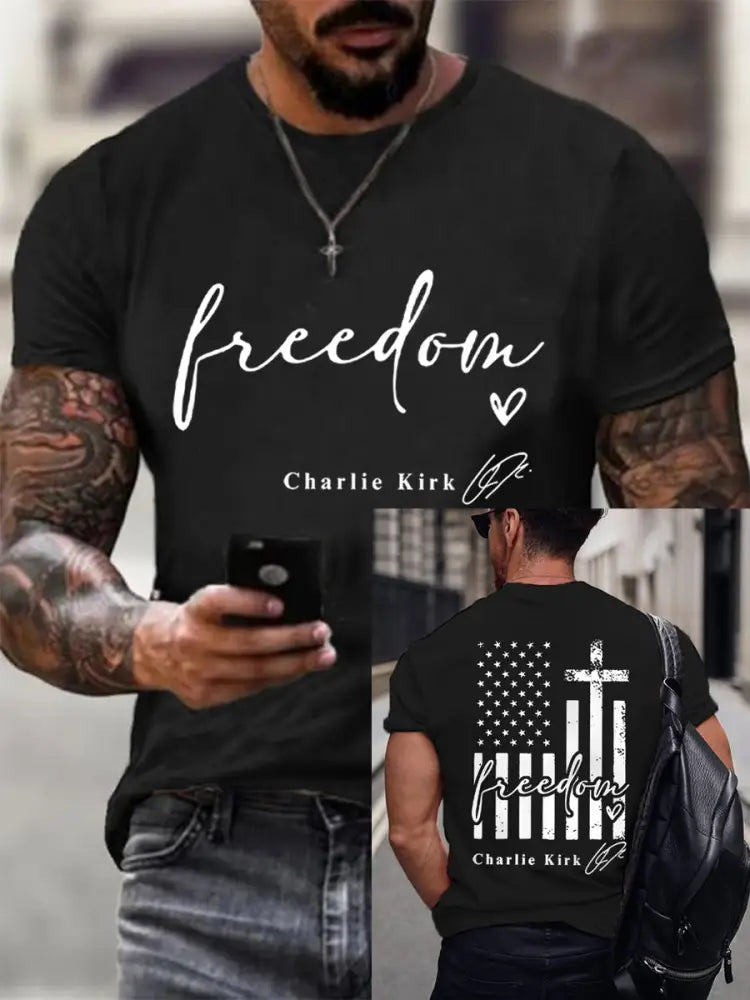 Men’s Freedom Charlie Kirk USA Flag Print Tee Black / S