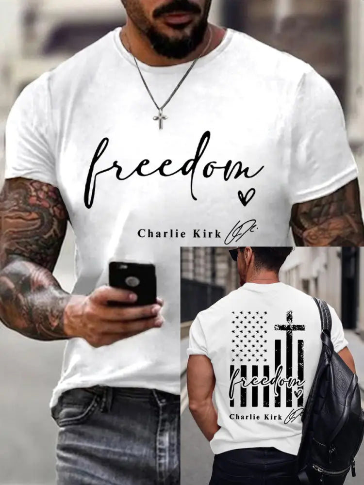 Men’s Freedom Charlie Kirk USA Flag Print Tee White / S