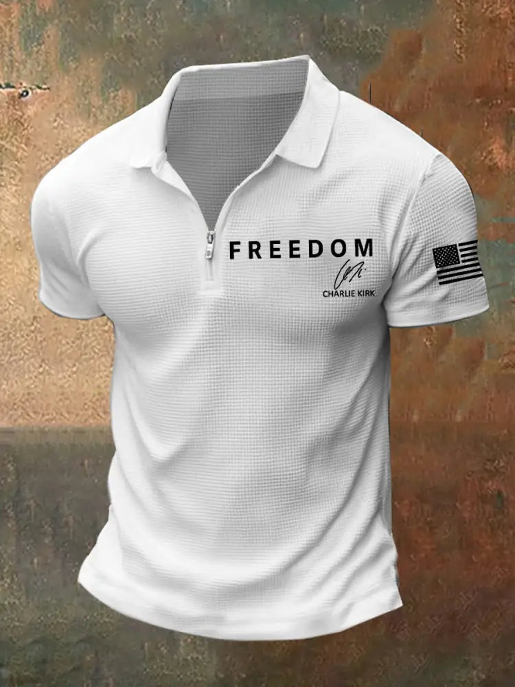Men’s Freedom Is Not Free R.I.P Charlie Kirk Waffle Short Sleeve Zip Up Top White / S